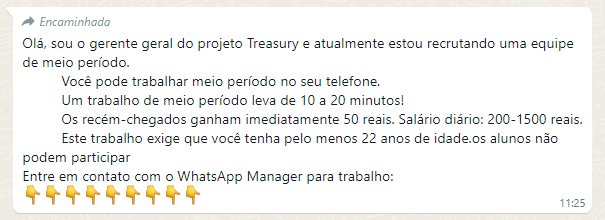 Exemplo de mensagem do golpe do emprego Exemplo de mensagem do golpe do emprego